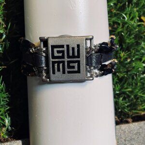 GWM Leather‎ Wrap Bracelet Black Gold Beaded Adjustable Logo Jewelry Boho Street
